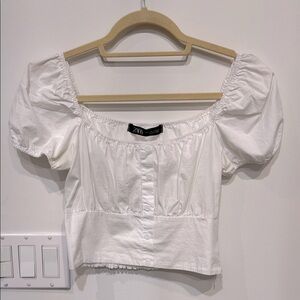 Zara White Puff Sleeve Ruched Crop Blouse